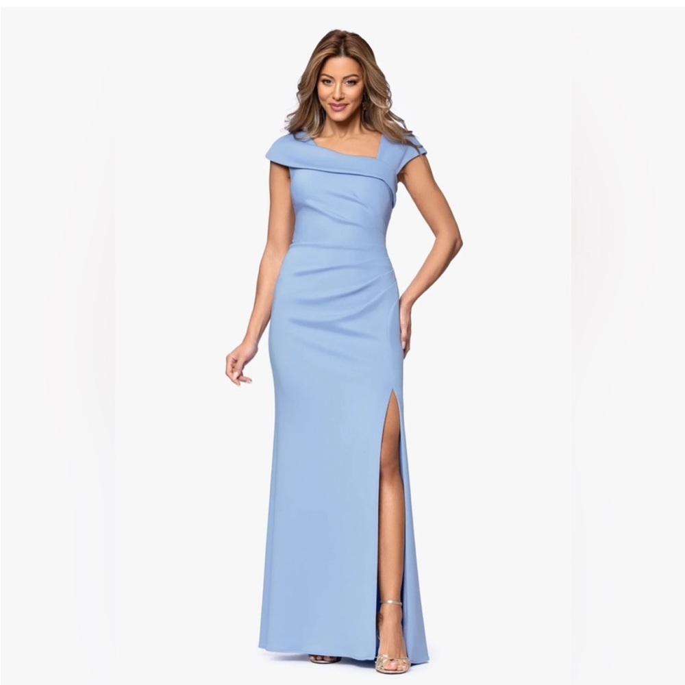 Xscape Light Blue Off Shoulder Gown SZ 6 NWT Formal Maxi Dress Slit Black Tie